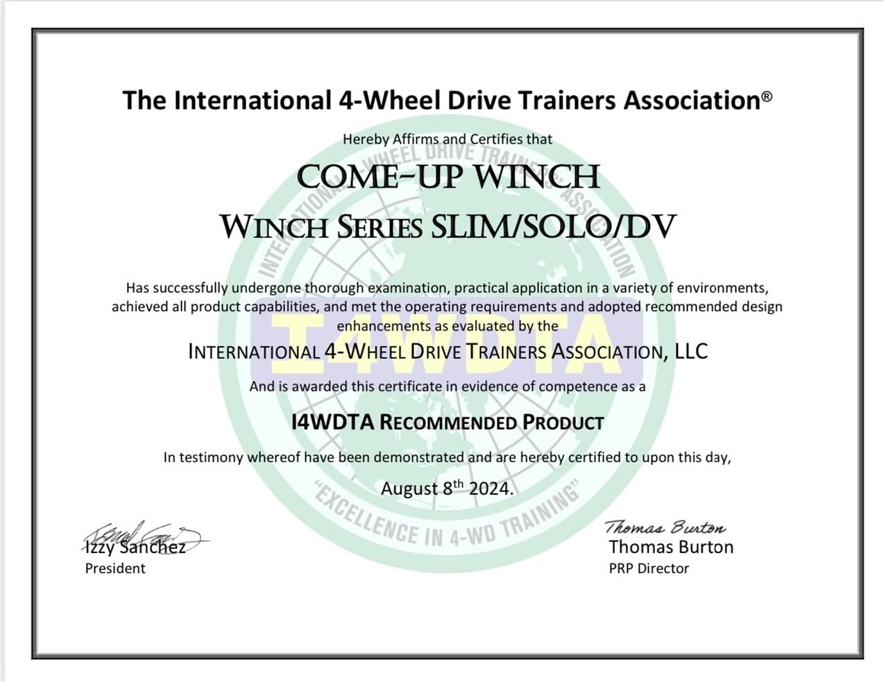 Comeup Winch is a recommended product by the International 4 Wheel Drive Trainers Association